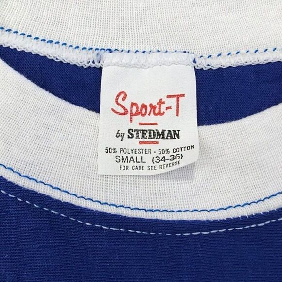 Vintage MEL Long Beach T Shirt Mens Size Small Blue 80s Ringer Tee Made In USA - Picture 6 of 7